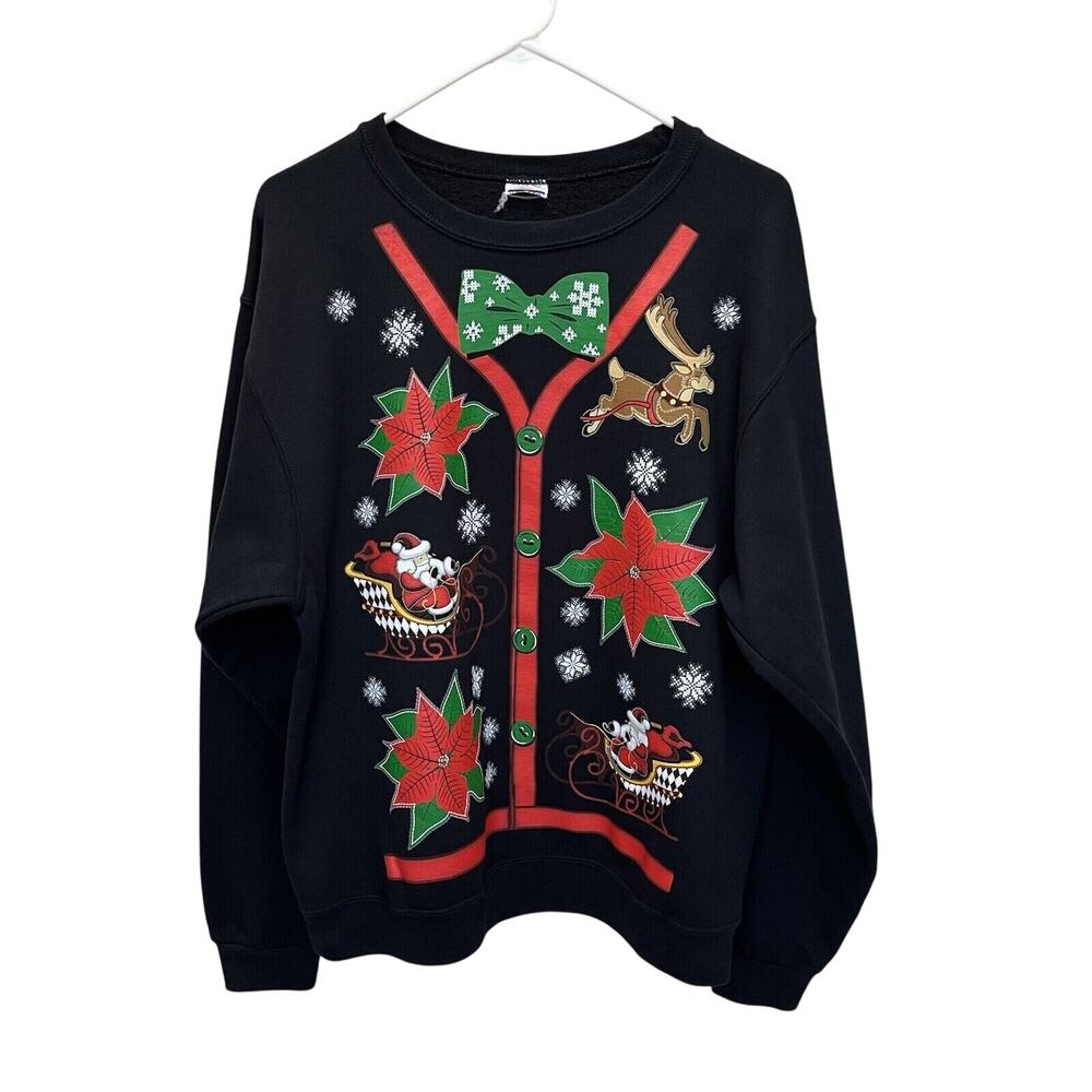 Jerzees | Black Vintage Christmas Sweatshirt Unisex Large Santa Sleigh Reindeer